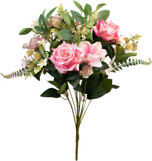 Louis Maes Kunstbloemen boeket rozen/magnolia met bladgroen - roze - H50 cm - Bloemstuk