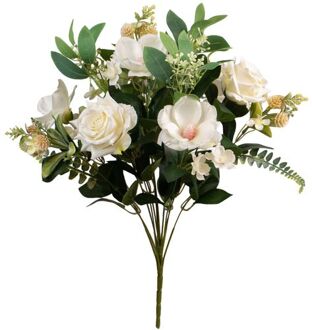 Louis Maes Kunstbloemen boeket rozen/magnolia met bladgroen - wit - H50 cm - Bloemstuk - Kunstbloemen