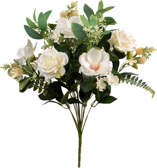 Louis Maes Kunstbloemen boeket rozen/magnolia met bladgroen - wit - H50 cm - Bloemstuk