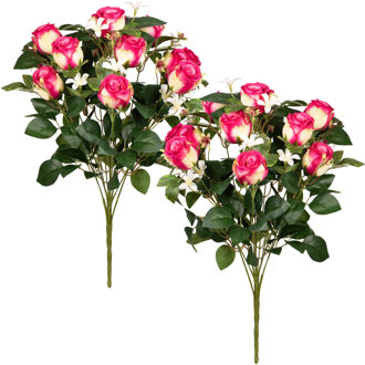 Louis Maes Kunstbloemen boeket rozen met bladgroen - 2x - cerise - H49 cm - Bloemstuk