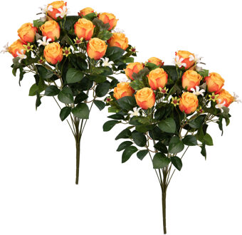Louis Maes Kunstbloemen boeket rozen met bladgroen - 2x - oranje - H49 cm - Bloemstuk