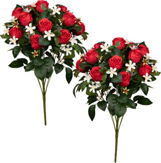 Louis Maes Kunstbloemen boeket rozen met bladgroen - 2x - rood - H49 cm - Bloemstuk