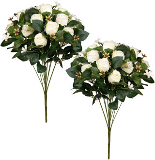Louis Maes Kunstbloemen boeket rozen met bladgroen - 2x - wit - H49 cm - Bloemstuk