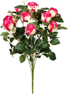 Louis Maes Kunstbloemen boeket rozen met bladgroen - cerise - H49 cm - Bloemstuk