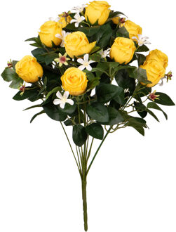Louis Maes Kunstbloemen boeket rozen met bladgroen - geel - H49 cm - Bloemstuk