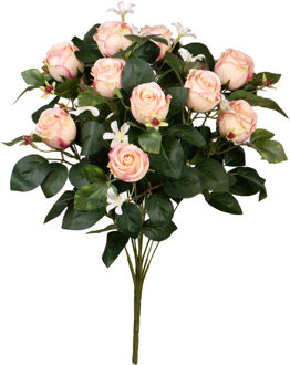 Louis Maes Kunstbloemen boeket rozen met bladgroen - lichtroze - H49 cm - Bloemstuk