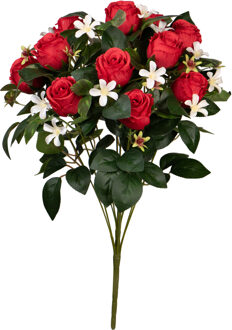Louis Maes Kunstbloemen boeket rozen met bladgroen - rood - H49 cm - Bloemstuk