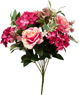 Louis Maes Kunstbloemen boeket rozen met bladgroen - roze - H52 cm - Bloemstuk