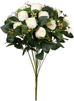 Louis Maes Kunstbloemen boeket rozen met bladgroen - wit - H49 cm - Bloemstuk