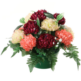 Louis Maes Kunstbloemen in pot - zalm/rood/creme - D30 x H24 cm - Bloemstuk ornament - crysanten met bladgroen - Kunstbl Roze