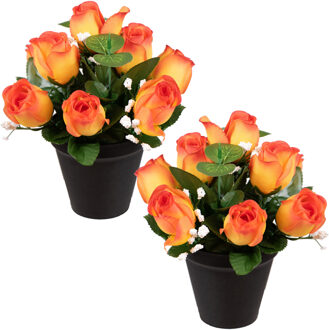 Louis Maes Kunstbloemen klein boeketje rozen in pot - 2x - oranje - H25 cm - Bloemstuk - Bladgroen