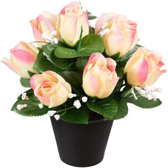 Louis Maes Kunstbloemen klein boeketje rozen in pot - creme/lichtroze - H25 cm - Bloemstuk - Bladgroen
