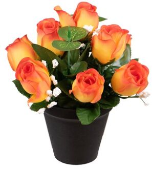 Louis Maes Kunstbloemen klein boeketje rozen in pot - oranje - H25 cm - Bloemstuk - Bladgroen - Kunstbloemen