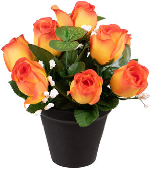 Louis Maes Kunstbloemen klein boeketje rozen in pot - oranje - H25 cm - Bloemstuk - Bladgroen