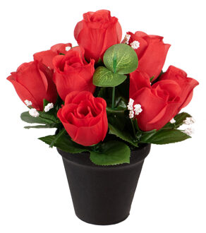 Louis Maes Kunstbloemen klein boeketje rozen in pot - rood - H25 cm - Bloemstuk - Bladgroen