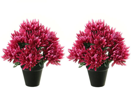 Louis Maes Kunstbloemen plant in pot - 2x - cerise roze tinten - 28 cm - Bloemenstuk ornament - Chrysanten - Kunstbloeme