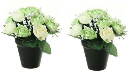 Louis Maes Kunstbloemen plant in pot - 2x - creme wit tinten - 20 cm - Bloemenstuk ornament - Kunstbloemen Crème