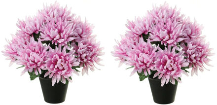 Louis Maes Kunstbloemen plant in pot - 2x - lila paars tinten - 28 cm - Bloemenstuk ornament - Chrysanten - Kunstbloemen