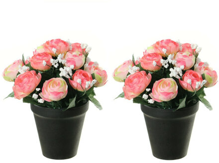 Louis Maes Kunstbloemen plant in pot - 2x - roze/wit tinten - 20 cm - Bloemenstuk ornament - Kunstbloemen