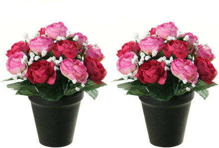 Louis Maes Kunstbloemen plant in pot - 2x - roze/wit tinten - 20 cm - Bloemenstuk ornament - Kunstbloemen