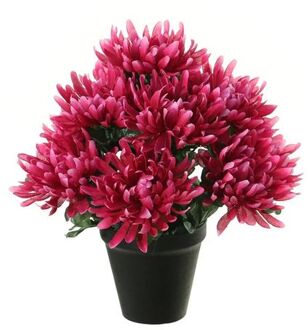 Louis Maes Kunstbloemen plant in pot - cerise roze tinten - 28 cm - Bloemenstuk ornamentA - Chrysanten - Kunstbloemen