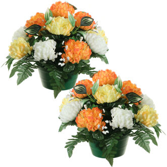Louis Maes Kunstbloemen plantje crysanten in pot - 2x - oranje/geel - D30 x H24 cm - Bloemstuk - Bladgroen