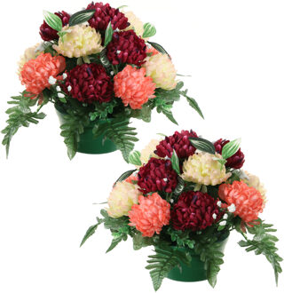 Louis Maes Kunstbloemen plantje crysanten in pot - 2x - zalm/rood/creme - D30 x H24 cm - Bloemstuk - Bladgroen