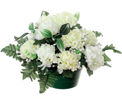 Louis Maes Kunstbloemen plantje crysanten in pot - kleuren creme/wit - D30 x H24 cm - Bloemstuk - Bladgroen