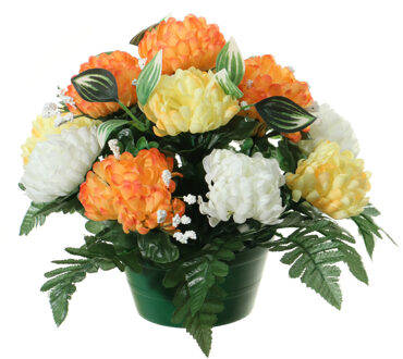 Louis Maes Kunstbloemen plantje crysanten in pot - oranje/geel - D30 x H24 cm - Bloemstuk - Bladgroen
