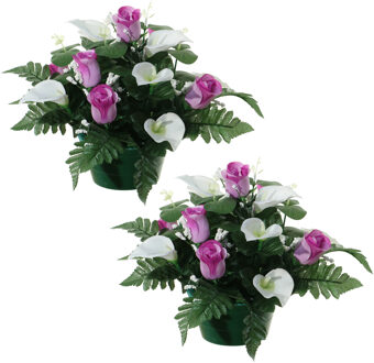 Louis Maes Kunstbloemen plantje in pot - 2x - wit/paars - 26 cm - Bloemstuk ornament - met bladgroen