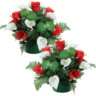 Louis Maes Kunstbloemen plantje in pot - 2x - wit/rood - 26 cm - Bloemstuk ornament - met bladgroen