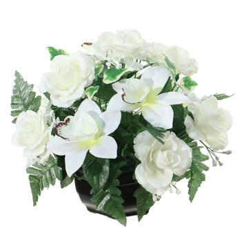 Louis Maes Kunstbloemen plantje in pot - kleuren creme/wit - 25 cm - Bloemstuk ornament - orchidee/rozen met bladgroen