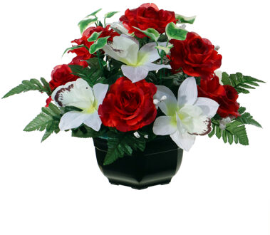 Louis Maes Kunstbloemen plantje in pot - kleuren rood/wit - 25 cm - Bloemstuk ornament - orchidee/rozen met bladgroen