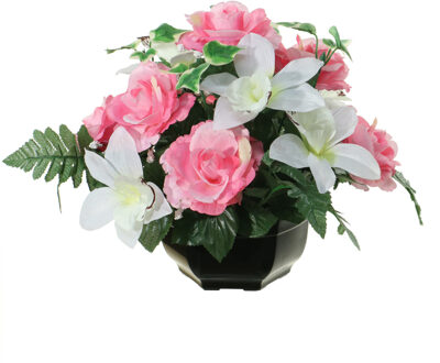 Louis Maes Kunstbloemen plantje in pot - kleuren roze/wit - 25 cm - Bloemstuk ornament - orchidee/rozen met bladgroen