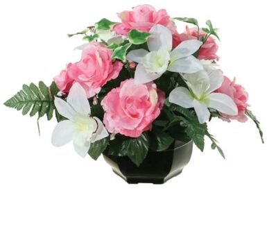 Louis Maes Kunstbloemen plantje in pot - kleuren roze/wit - 25 cm - Bloemstuk ornament - orchidee/rozen met bladgroen