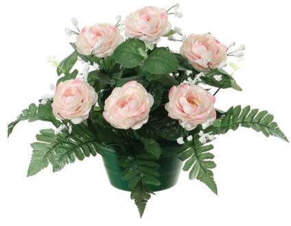 Louis Maes Kunstbloemen plantje in pot - lichtroze - 25 cm - Bloemstuk ornament - rozen met bladgroen - Kunstbloemen
