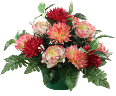 Louis Maes Kunstbloemen plantje in pot - multi kleuren - 25 cm - Bloemstuk ornament - ranonkels/asters met bladgroen - K Multikleur