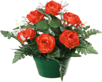 Louis Maes Kunstbloemen plantje in pot - rood - 25 cm - Bloemstuk ornament - rozen met bladgroen - Kunstbloemen