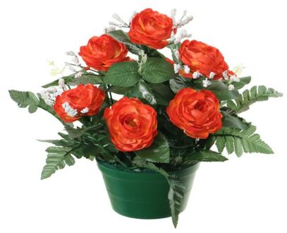 Louis Maes Kunstbloemen plantje in pot - rood - 25 cm - Bloemstuk ornament - rozen met bladgroen - Kunstbloemen