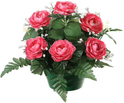 Louis Maes Kunstbloemen plantje in pot - roze - 25 cm - Bloemstuk ornament - rozen met bladgroen - Kunstbloemen