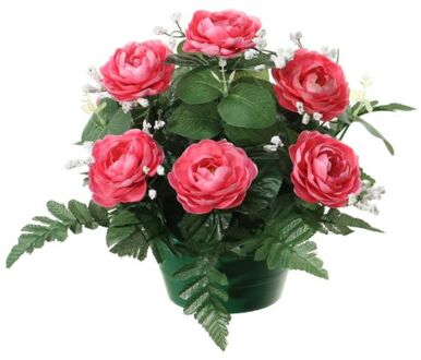 Louis Maes Kunstbloemen plantje in pot - roze - 25 cm - Bloemstuk ornament - rozen met bladgroen - Kunstbloemen
