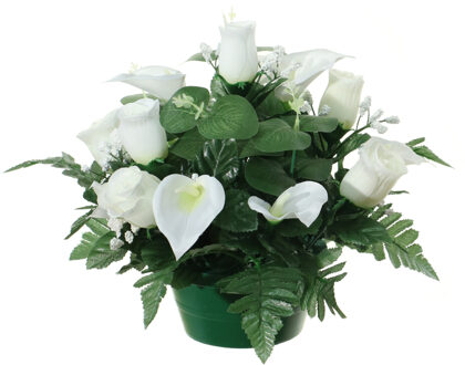Louis Maes Kunstbloemen plantje in pot - wit - 26 cm - Bloemstuk ornament - met bladgroen