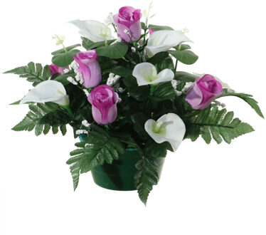 Louis Maes Kunstbloemen plantje in pot - wit/paars - 26 cm - Bloemstuk ornament - met bladgroen
