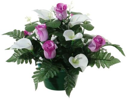 Louis Maes Kunstbloemen plantje in pot - wit/paars - 26 cm - Bloemstuk ornament - rozen met bladgroen - Kunstbloemen