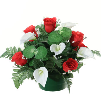 Louis Maes Kunstbloemen plantje in pot - wit/rood - 26 cm - Bloemstuk ornament - rozen met bladgroen - Kunstbloemen