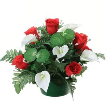 Louis Maes Kunstbloemen plantje in pot - wit/rood - 26 cm - Bloemstuk ornament - rozen met bladgroen - Kunstbloemen