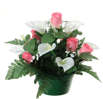 Louis Maes Kunstbloemen plantje in pot - wit/roze - 26 cm - Bloemstuk ornament - rozen met bladgroen - Kunstbloemen