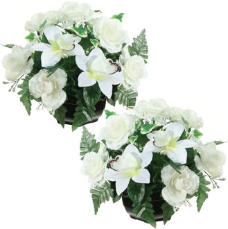 Louis Maes Kunstbloemen plantje orchidee/rozen in pot - 2x - kleuren creme/wit - 25 cm - Bloemstuk - Bladgroen