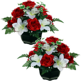 Louis Maes Kunstbloemen plantje orchidee/rozen in pot - 2x - kleuren rood/wit - 25 cm - Bloemstuk - met bladgro