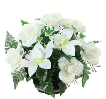Louis Maes Kunstbloemen plantje orchidee/rozen in pot - kleuren creme/wit - 25 cm - Bloemstuk - Bladgroen